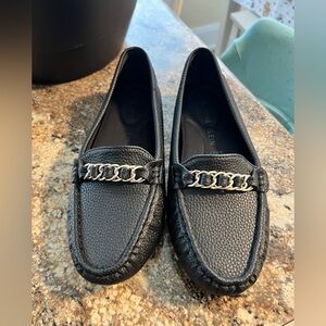 Anne Klein Black Loafers with Silver Chain Detail